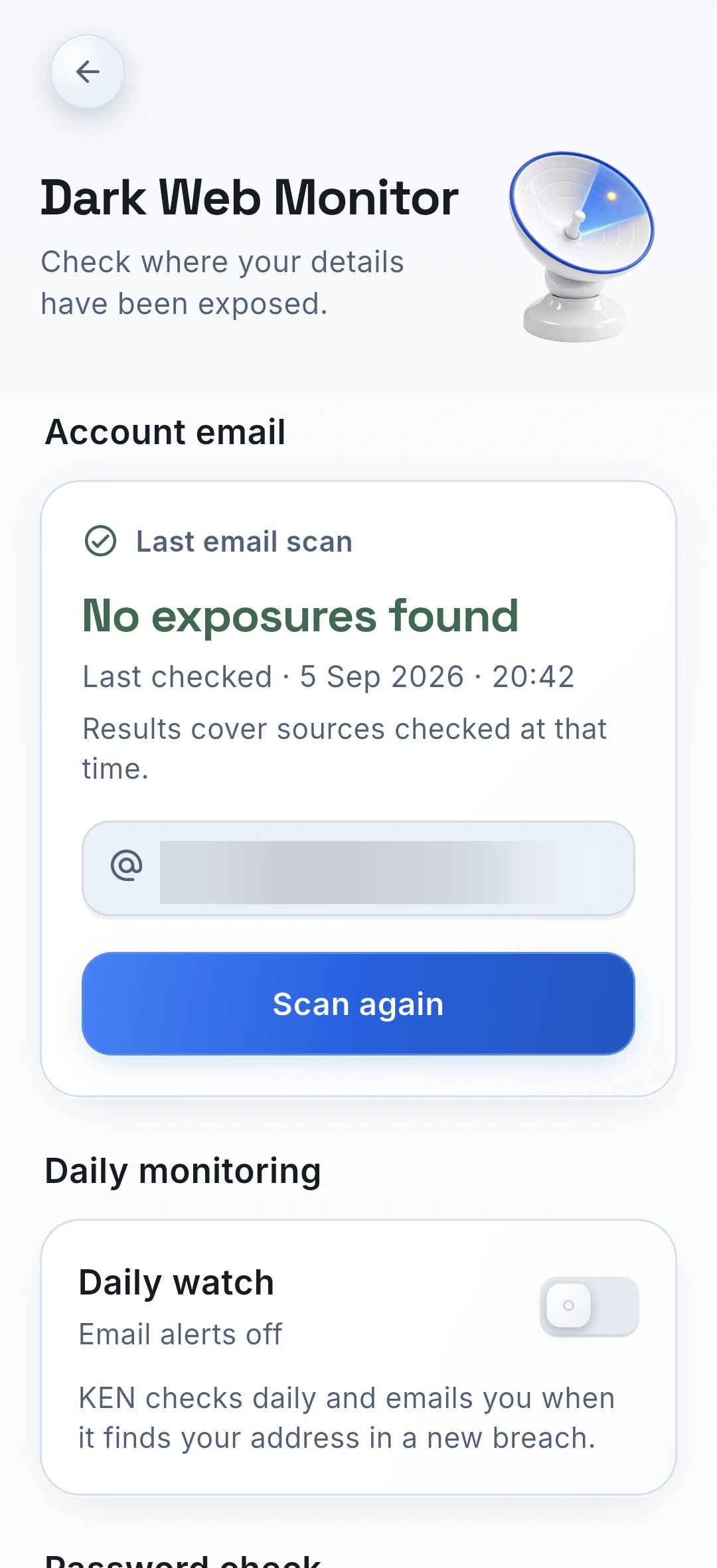 KEN Dark Web Monitor preview showing exposure monitoring tools