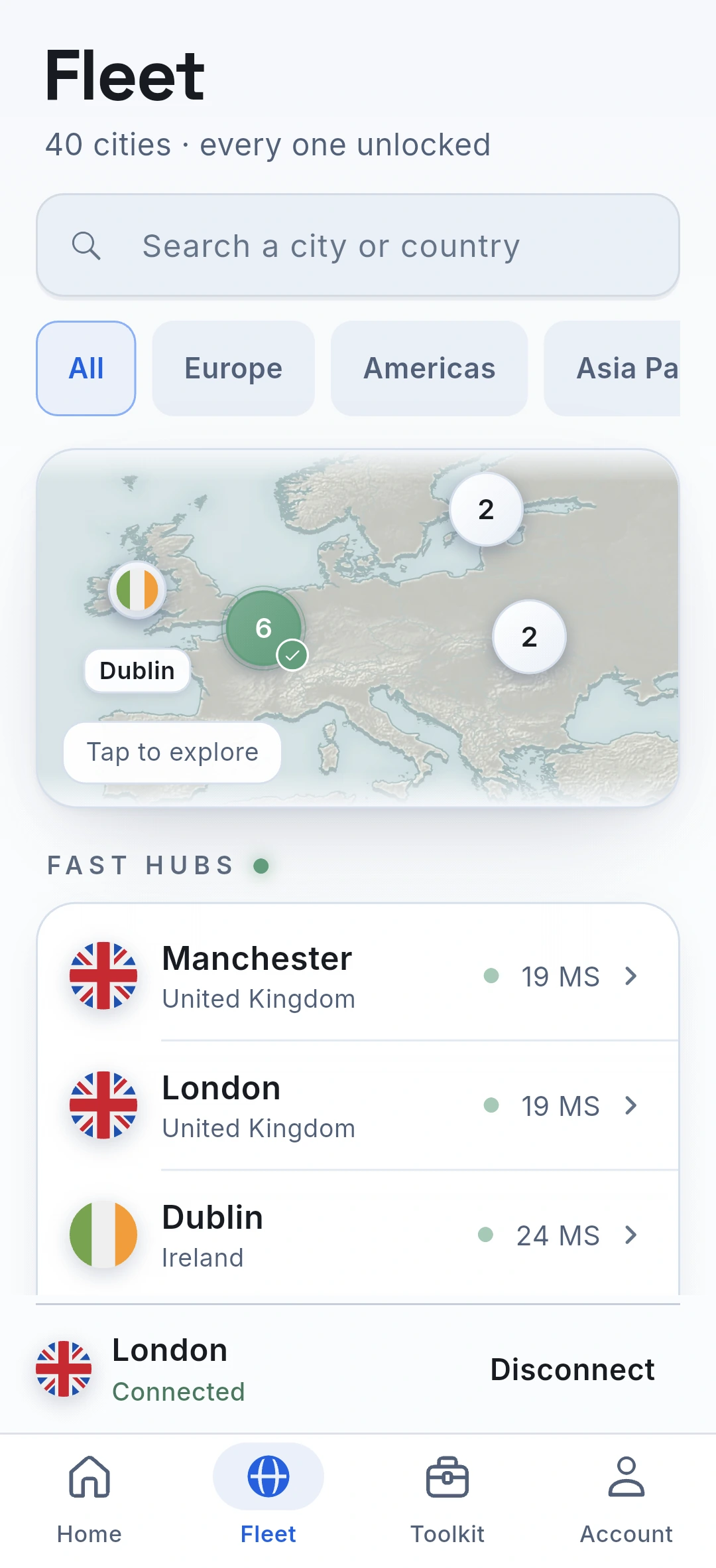 KEN Android fleet screen showing available VPN locations