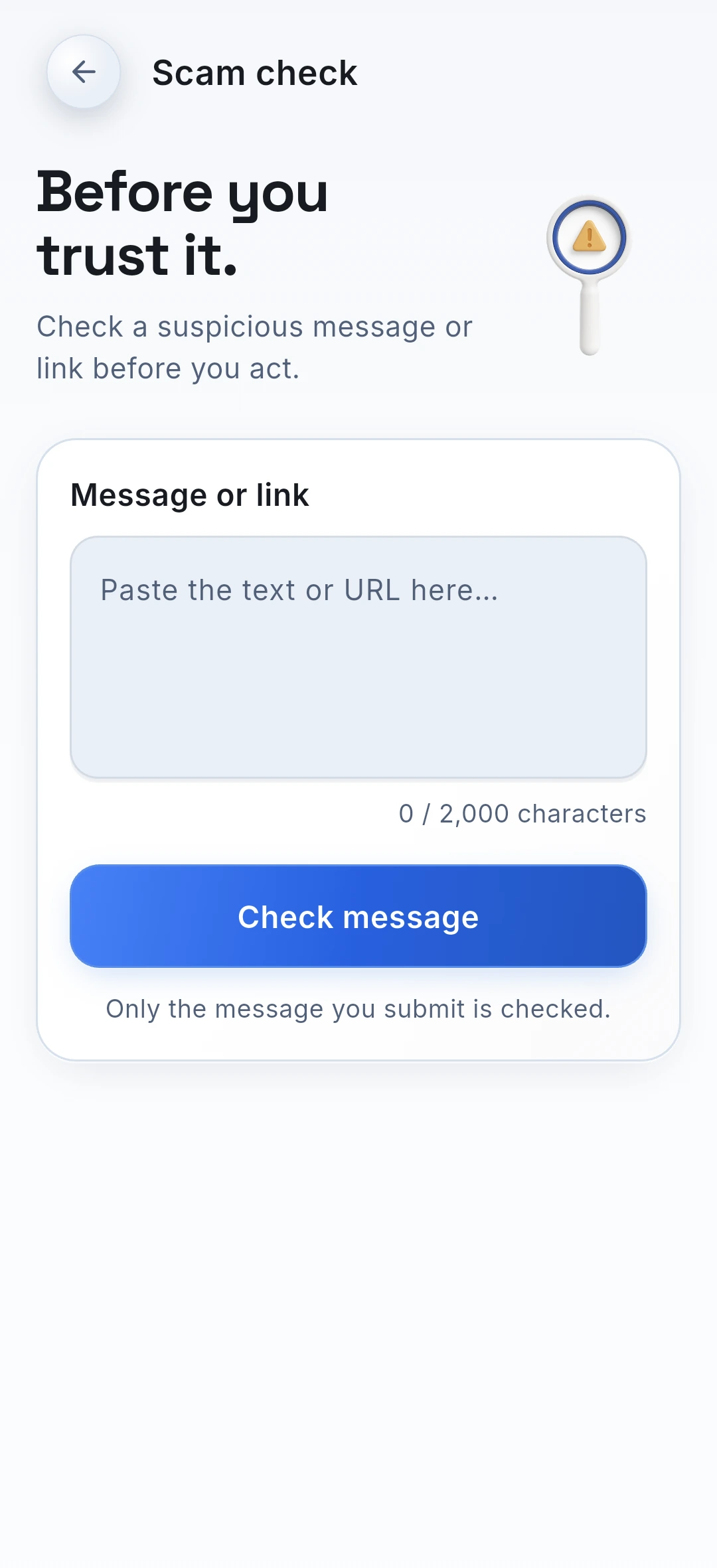 KEN Scam Check screen with a message input and Check message button